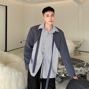 新款小心机假两件设计男短款西服条纹衬衣潮流雅痞发型师5045P125,黑色上衣搭配黑色休闲裤图片