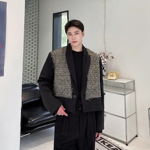 秋季小众设计师短款翻领男西服外套个性编制拼接痞帅上衣2491P135图片