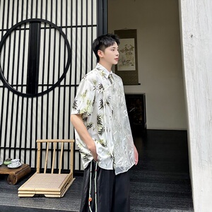 夏季新中式墨竹印花多片刺绣网纱翻领短袖男女衬衣6824P90图片
