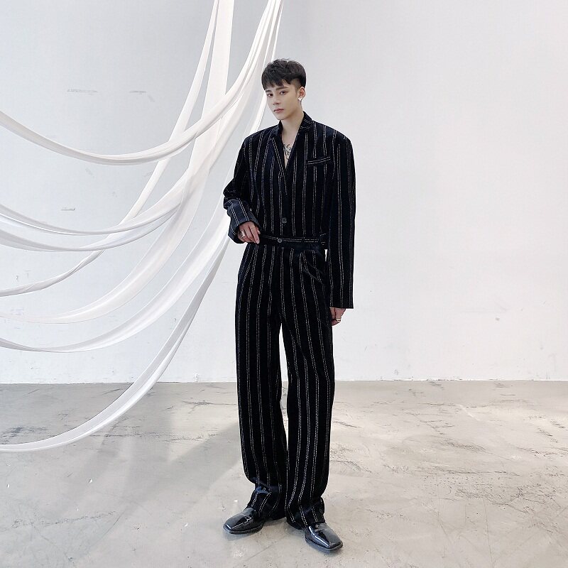 秀场设计款加厚韩绒亮钻竖条显瘦气质时髦套装长裤9969-P75，男装休闲套装，电商A246