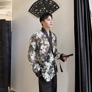 夏欧根纱提花禅意绑带长袖男女衬衣潮流复古休闲防晒衬衫3577P95