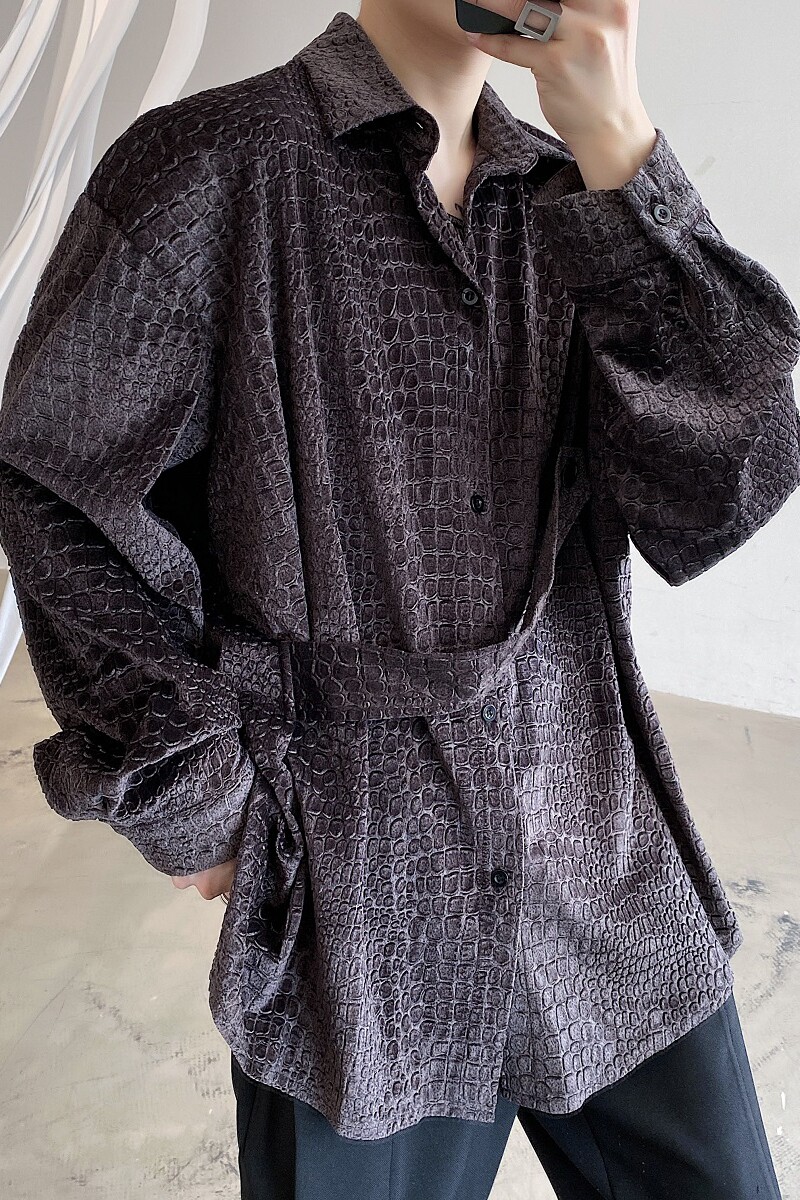 原创个性立体鳄鱼纹潮流复古丝绒舒适宽松长袖百搭衬衣3829-P85,男装衬衫,电商A246