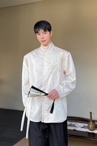 中式立领盘扣双门襟长袖男女衬衣风禅意缎面提花刺绣3540P105图片