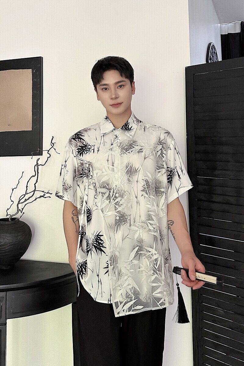 夏季新中式墨竹印花多片刺绣网纱翻领短袖男女衬衣6824P90,男装T恤,电商A246