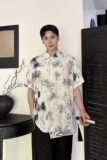 夏季新中式墨竹印花多片刺绣网纱翻领短袖男女衬衣6824P90，男装T恤，电商A246