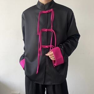 春季新中式撞色设计盘扣立领长袖男女衬衣潮流风衬衫5256P95图片