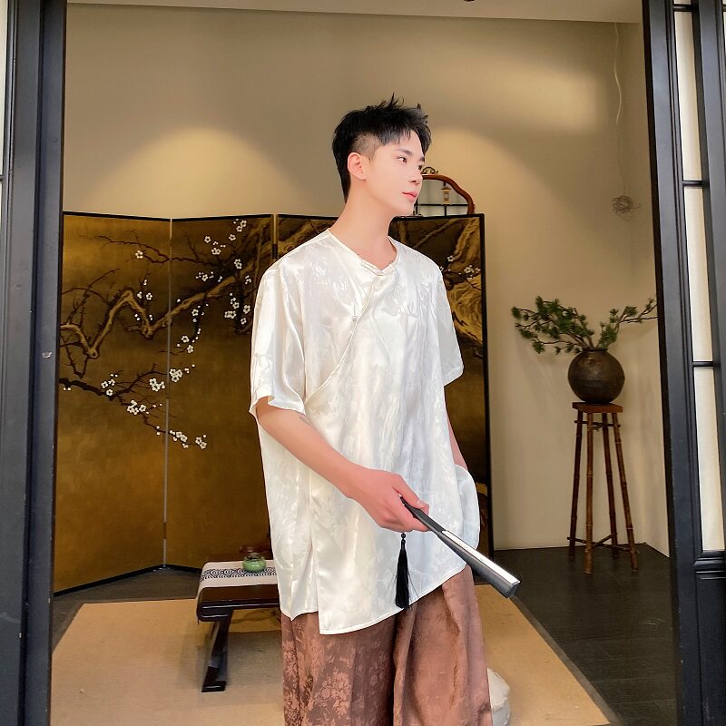 夏季新中式缎面提花盘扣圆领短袖男女衬衣复古风衬衫6817P85,男装衬衫,电商A246