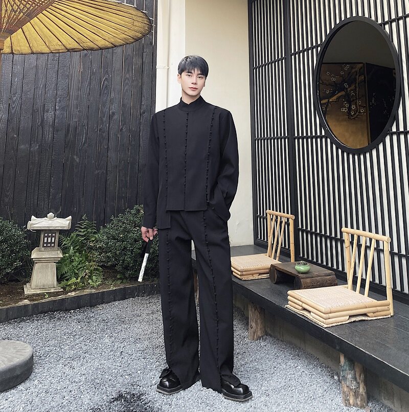 新中式重工艺包扣立领长袖男女衬衣阔腿长裤套装风禅意5222P265图片