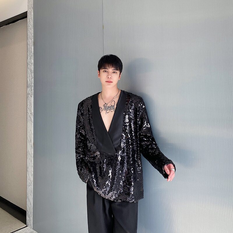 秋冬立体亮片缎面拼接套头V领西服外套潮流舞台演出服5243P175,男装西服,电商A246