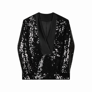 秋冬立体亮片缎面拼接套头V领西服外套潮流舞台演出服5243P175图片
