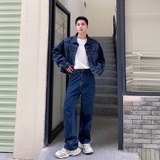秋季新款韩版蓝色牛仔套装翻领短款牛仔夹克直筒阔腿长裤ZK16P185，男装夹克，电商A246