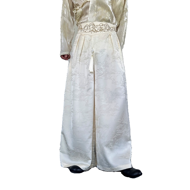 新中式山河刺绣缎面提花玉佩流苏设计阔腿直筒男女长裤6823P110,男装休闲裤,电商A246