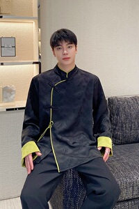 春季新中式提花撞色立领长袖男女风衬衣复古禅意衬衫3554P105图片
