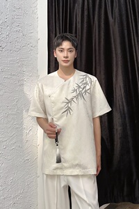 夏季新中式提花刺绣圆领短袖男女衬衣风复古衬衫7627P95图片