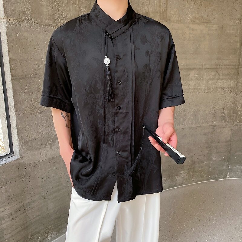 夏新中式缎面提花立领短袖男女衬衣复古风流苏压襟设计6816P95,男装T恤,电商A246