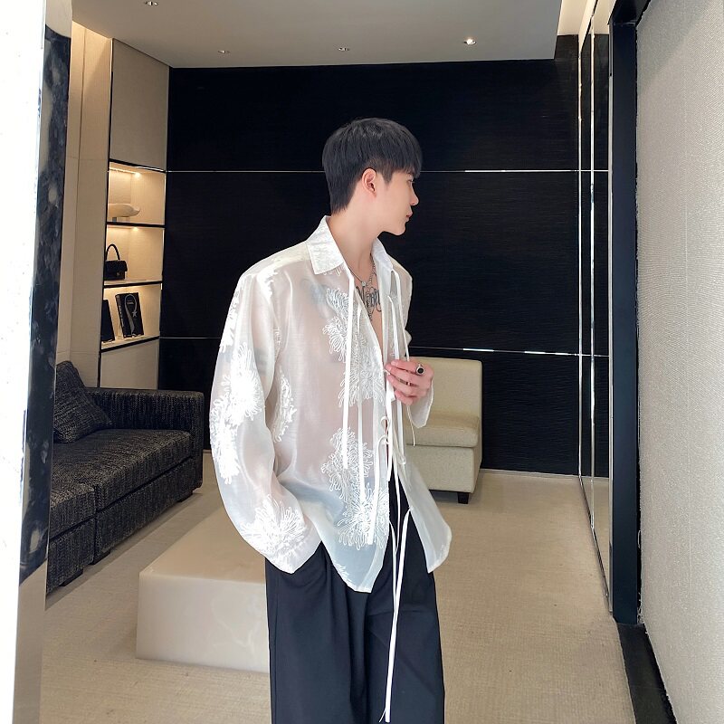 春夏新款欧根纱绣花翻领系带长袖男女衬衣个性潮流衬衫3566P95,男装衬衫,电商A246