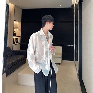 春夏新款欧根纱绣花翻领系带长袖男女衬衣个性潮流衬衫3566P95图片