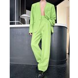 新款果绿色西服套装个性无领绑带设计款上衣直筒休闲长裤5307P245，男装西服套装，电商A246