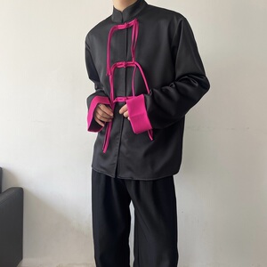春季新中式撞色设计盘扣立领长袖男女衬衣潮流风衬衫5256P95图片