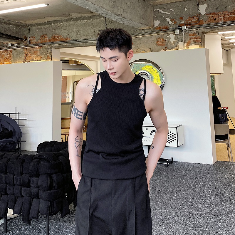 夏季个性肩带设计立体肌理纹圆领无袖男背心潮流紧身坎肩2571P55，男装背心/马甲，电商A246