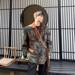 春季中式复古植绒拼色绑带设计垫肩阔型男女西服潮流痞帅2639P145