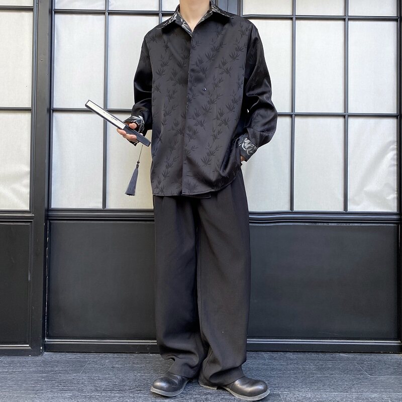 春季新中式缎面提花竹叶翻领长袖男女衬衣复古风衬衫5223P105,男装衬衫,电商A246