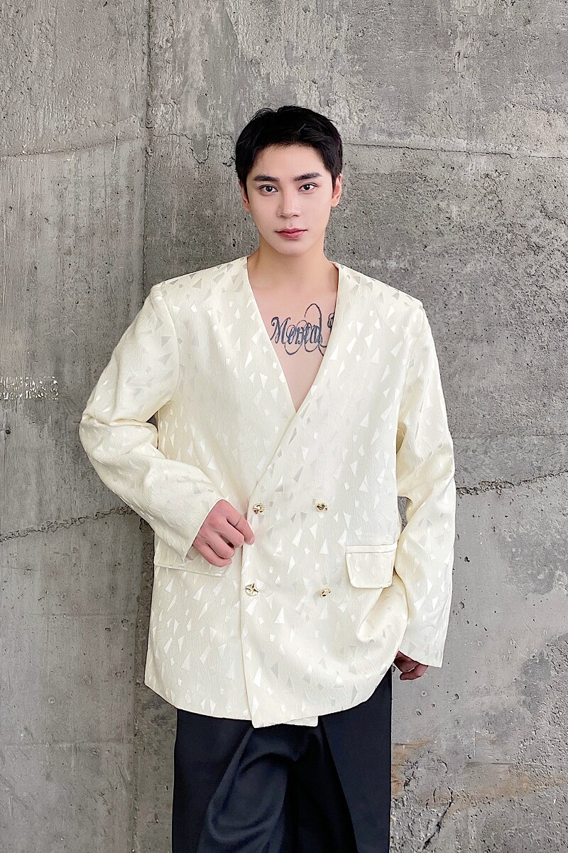 秋季韩版立体菱形格无领西服外套潮流雅痞双排扣西装5181P125,男装西服套装,电商A246
