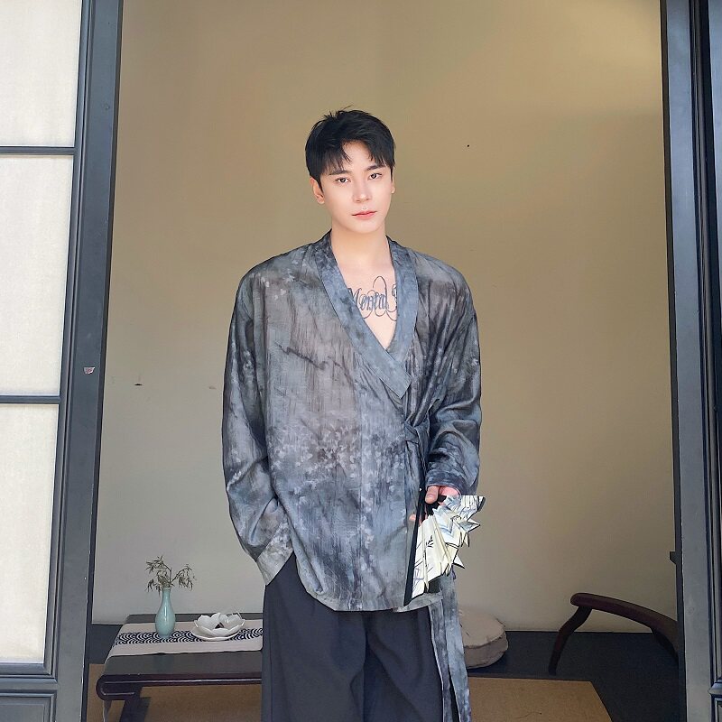 春夏新中式水墨画禅意系带长袖男女衬衣复古风衬衫5226P95,男装衬衫,电商A246