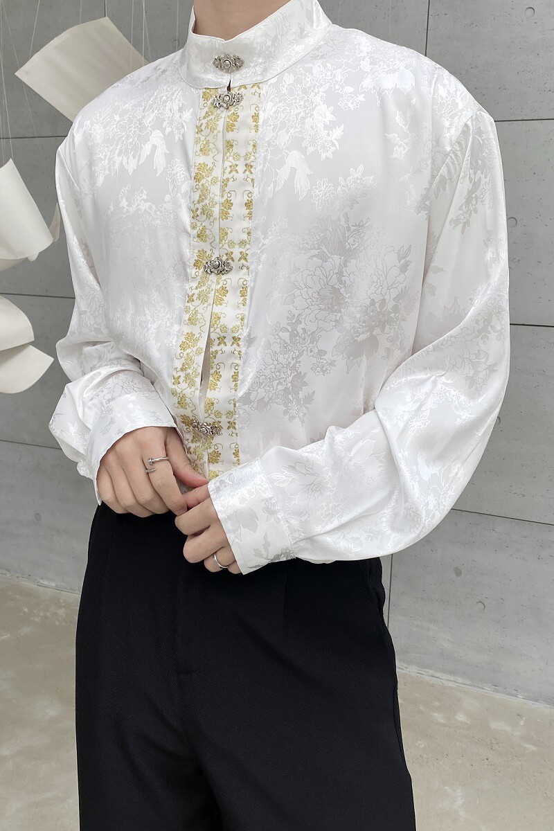 23新款风提花金属盘扣立领长袖男女衬衣复古中式衬衫2535P95,男装衬衫,电商A246