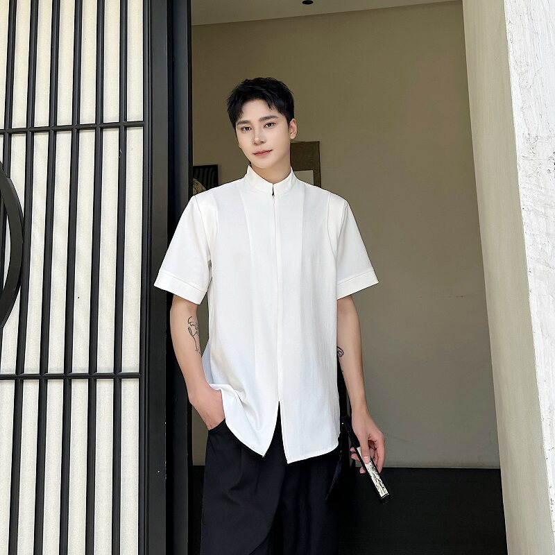 夏季新中式简约纯色立领短袖男女衬衣潮流休闲拉链设计5264P65图片