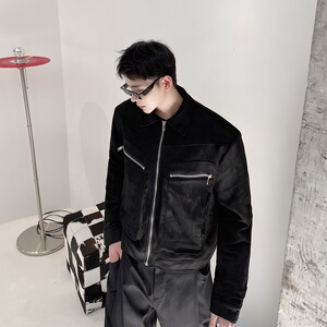 潮流拉链立体袋设计翻领短款男夹克韩版鹿皮绒上衣5090-P135图片