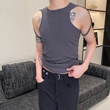 夏季个性绑带设计弹力罗纹圆领背心潮流痞帅无袖坎肩上衣5251P55，男装背心/马甲，电商A246