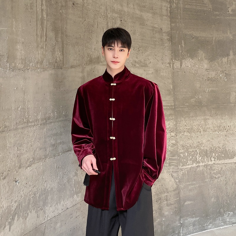 潮流新中式丝绒金属盘扣立领长袖男女衬衣禅意风衬衫5221P105，男装衬衫，电商A246