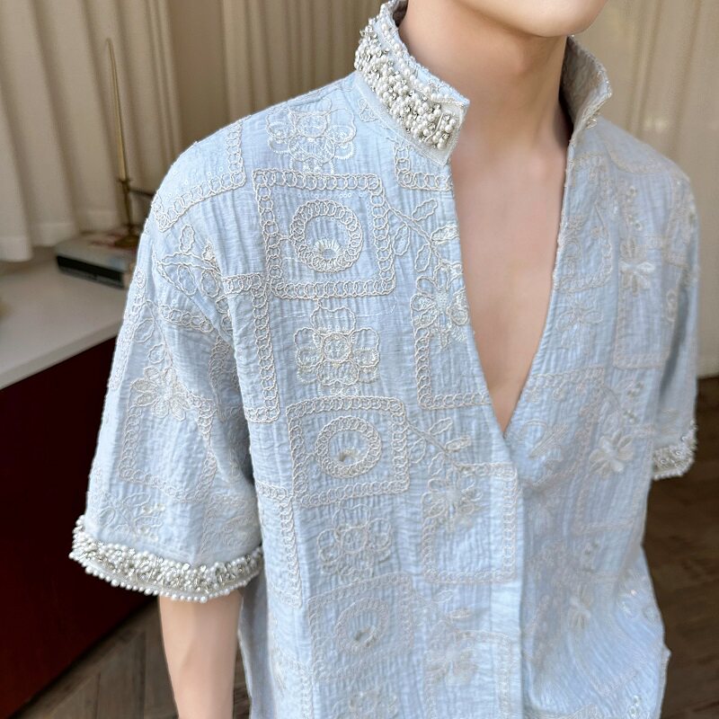 夏季轻奢水钻珍珠立领短袖衬衣潮流立体刺绣衬衫5300P130,男装T恤,电商A246