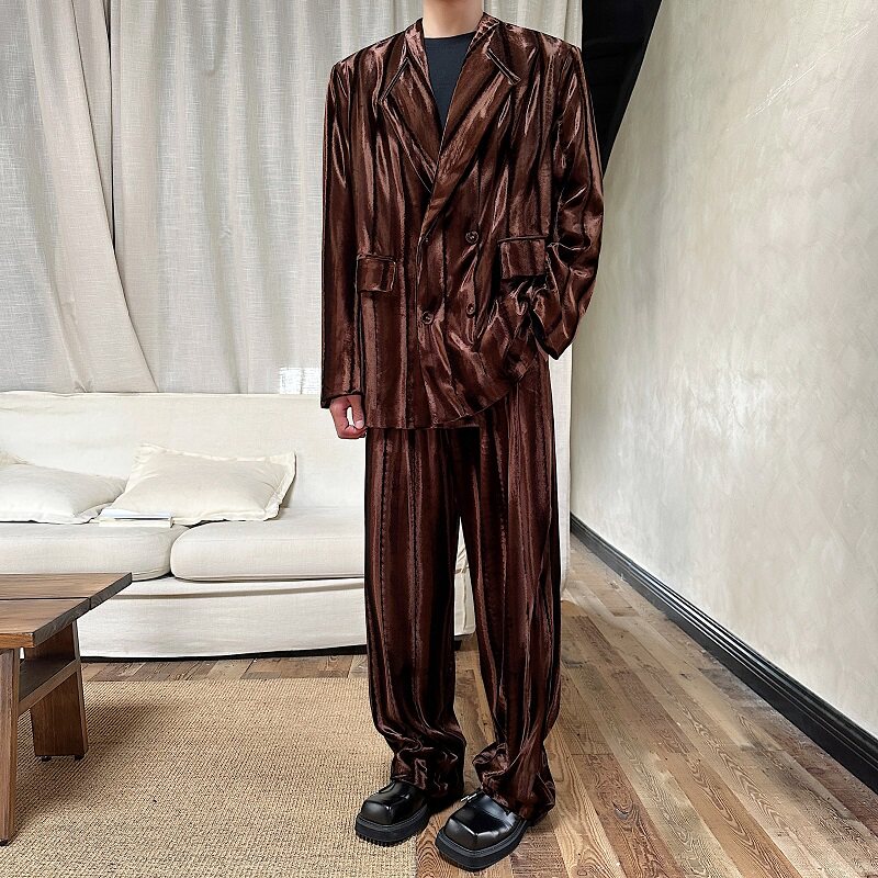 秋季复古老钱风西服套装个性立体光感丝绒休闲西装长裤3578P245,男装西服套装,电商A246