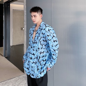 个性褶皱系扣设计文艺气质花卉男长袖衬衣时髦复古男西服2455P105图片