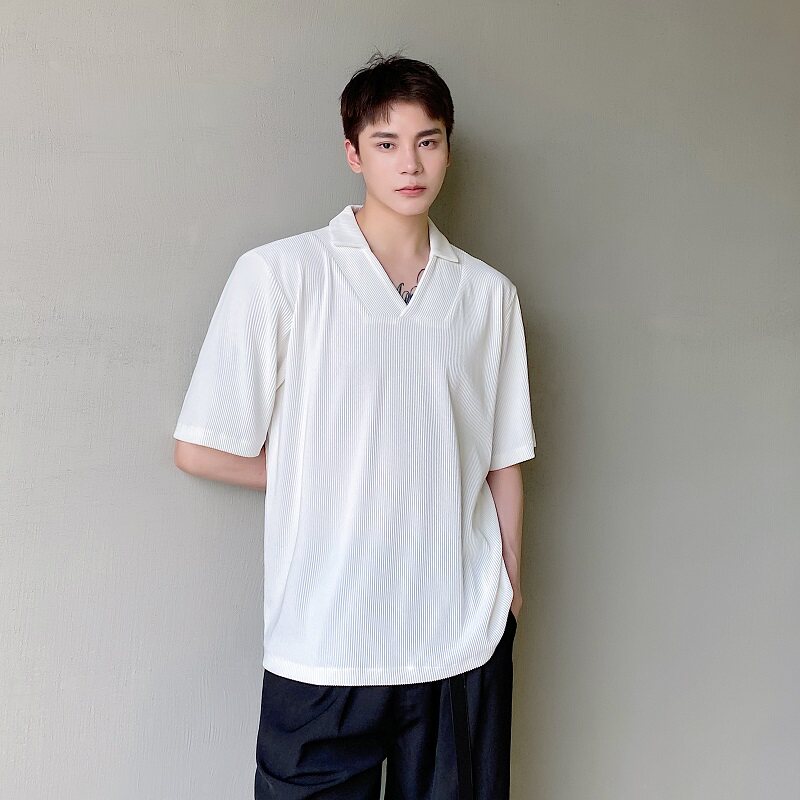 夏季韩版简约纯色小V翻领短袖男T恤时髦坑条针织免烫短袖5067P60图片