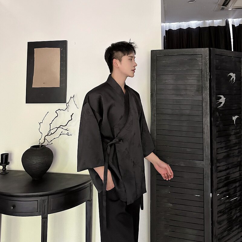 新中式汉服山水提花锦缎斜襟绑带设计中袖男女道袍上衣3575P135,男装民族服装,电商A246