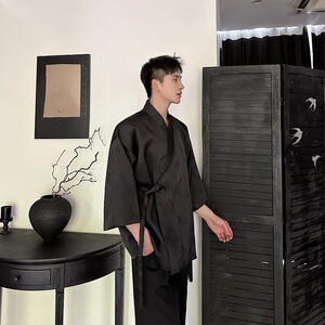 新中式汉服山水提花锦缎斜襟绑带设计中袖男女道袍上衣3575P135图片