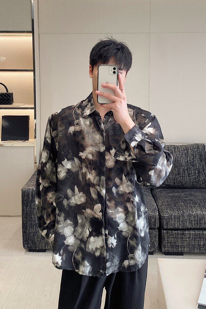 春季新款立体烧花工艺翻领长袖男女衬衣潮流暗黑韩版衬衫3550P85,男装衬衫,电商A246