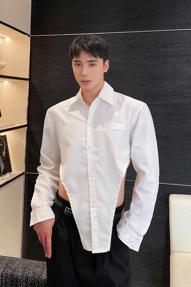 早春个性辣弟风翻领长袖男衬衣潮流小众漏腰设计款衬衫2529P70,男装衬衫,电商A246