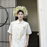夏季新中式提花绣竹翻领盘扣短袖男女衬衣复古风衬衫5259P100，男装衬衫，电商A246