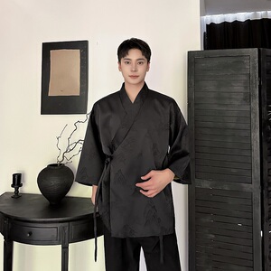 新中式汉服山水提花锦缎斜襟绑带设计中袖男女道袍上衣3575P135图片