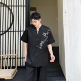 夏季新中式提花绣竹套头V领男女短袖衬衣复古禅意休闲衬衫5260P95，男装衬衫，电商A246