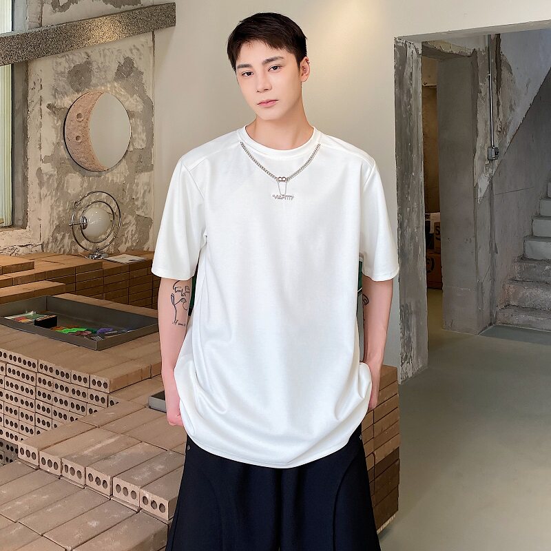 原创金属链条设计针织圆领短袖男T恤时髦简约百搭上衣3627P65图片