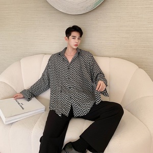 韩版潮流个性条纹印花长袖男衬衣A261-6902-P75图片