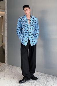 个性褶皱系扣设计文艺气质花卉男长袖衬衣时髦复古男西服2455P105图片