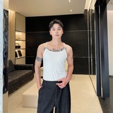 夏季个性珍珠肩带弹力短款背心潮流雅痞针织罗纹坎肩3545P65，男装背心/马甲，电商A246