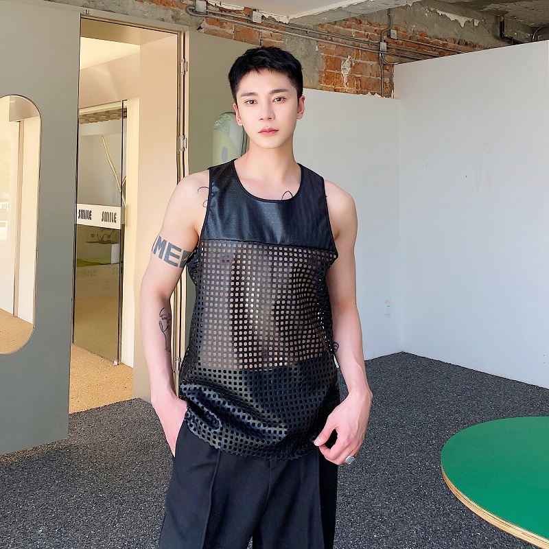 夏季个性网洞拼接无袖圆领男坎肩潮流痞帅皮背心5156P65，男装背心/马甲，电商A246