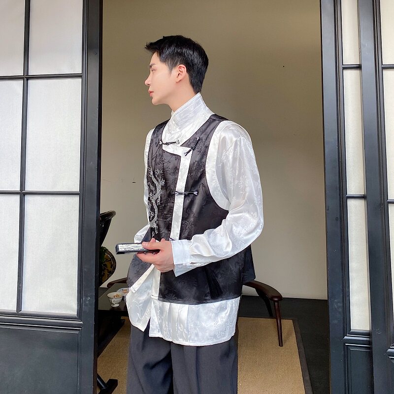新中式风缎面提花复古盘扣马甲宽松休闲百搭背心5177-P115,男装背心/马甲,电商A246